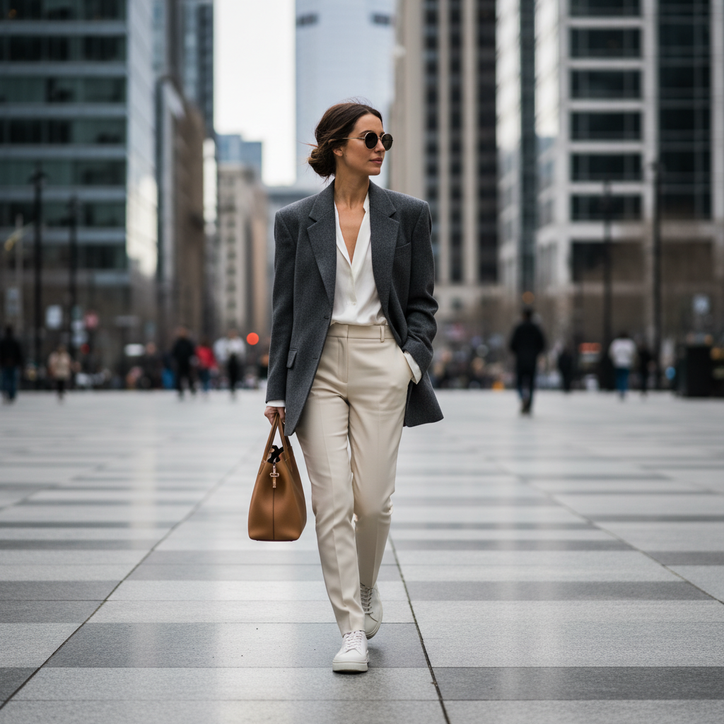 Model crossing a concrete plaza in a blazer and trouser set