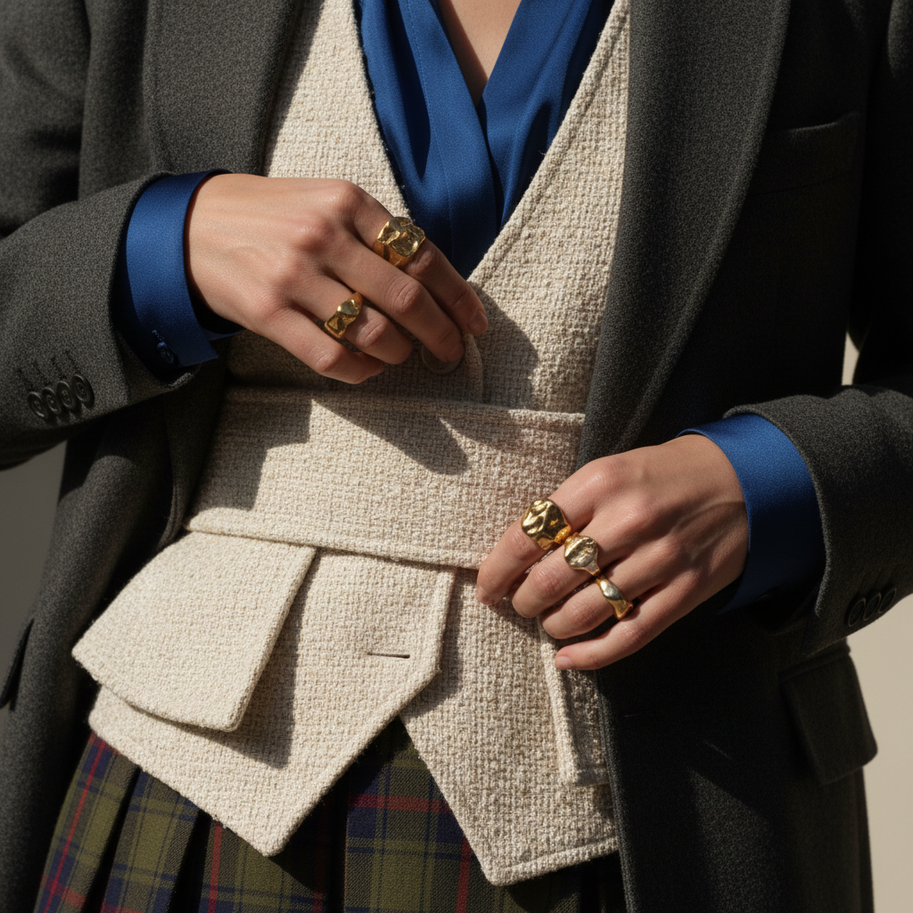 Close crop of layered tailoring and textured fabrics