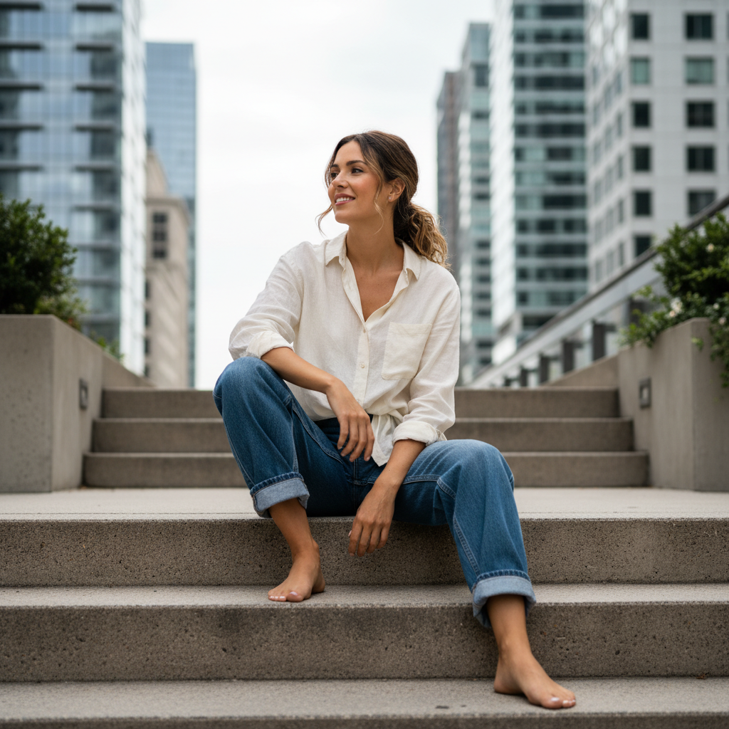 Model in washed denim on a studio stairway